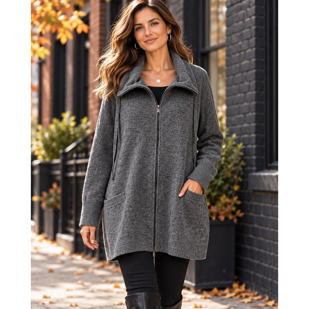 Vintage Ellen Tracy 100% Wool Zip Front Sweater Coat Gray Size Large